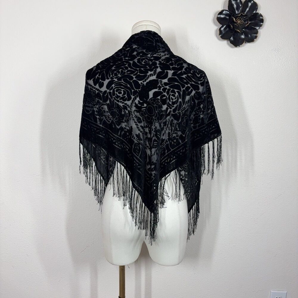 Black Velvet Burnout Scarf Wrap Womens One Size Fringe Boho Whimsigoth Witchy